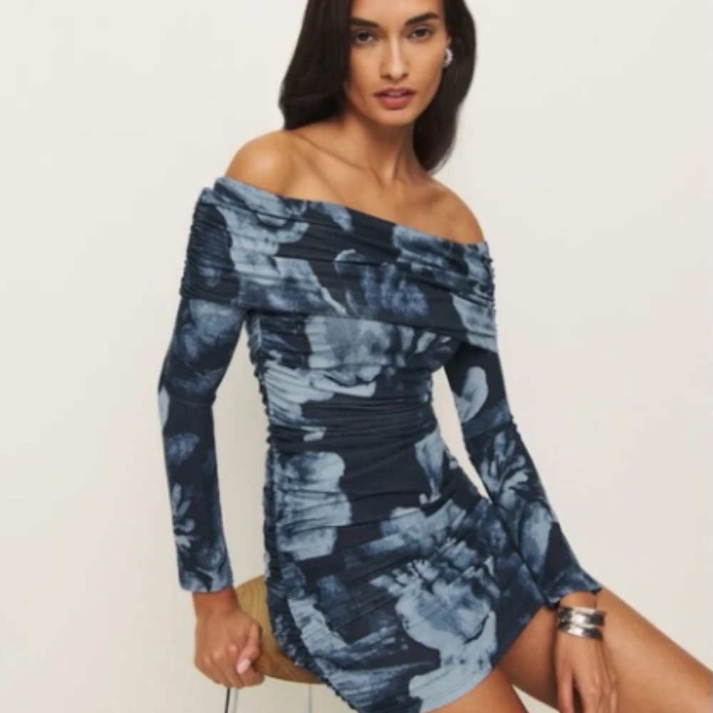 Reformation Blue Floral Off-Shoulder Mini Dress